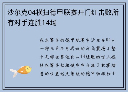 沙尔克04横扫德甲联赛开门红击败所有对手连胜14场