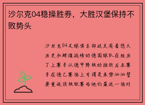 沙尔克04稳操胜券，大胜汉堡保持不败势头