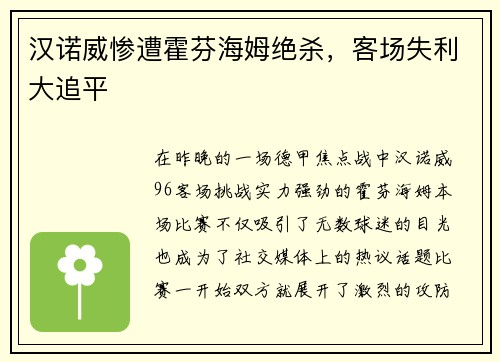 汉诺威惨遭霍芬海姆绝杀，客场失利大追平